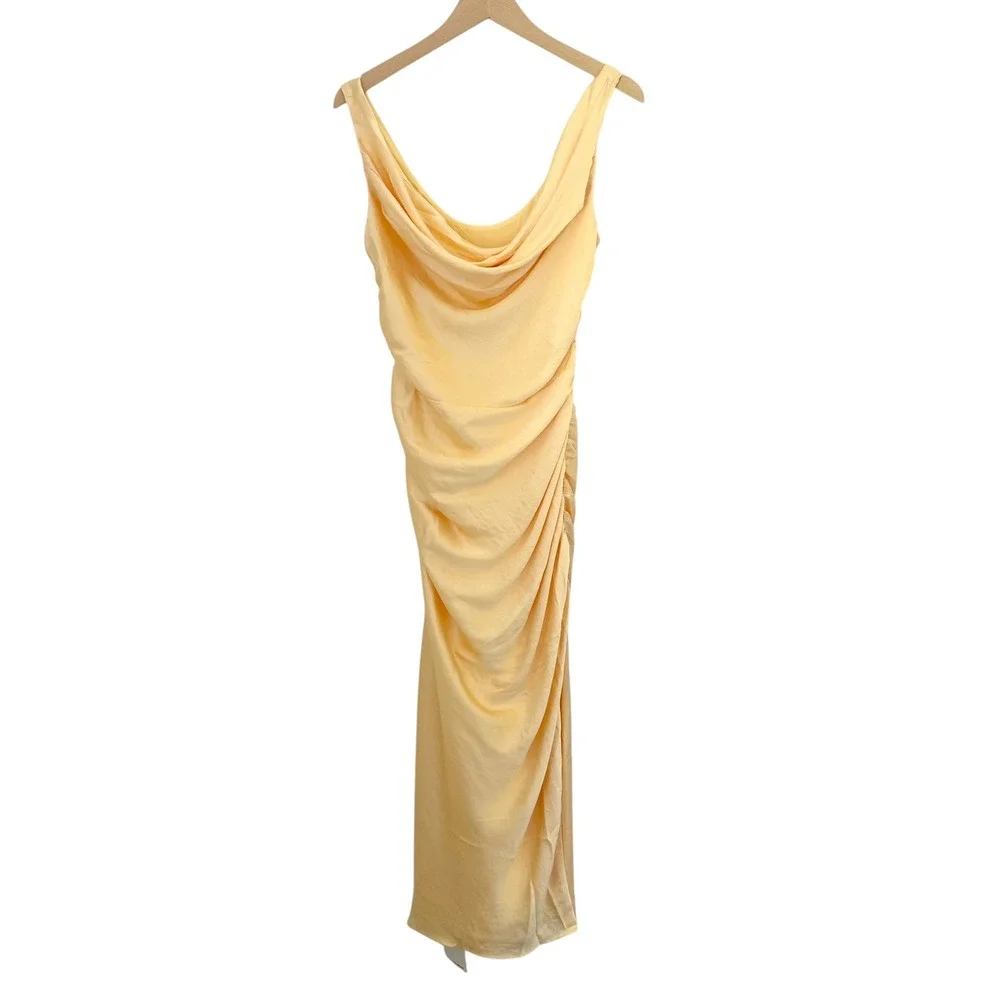 NWT Abercrombie & Fitch Cowl Neck Draped Maxi Dress Satin Sunny Yellow MP Petite